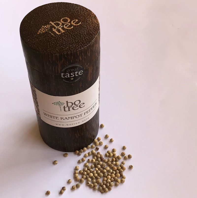 BoTree Kampot White Pepper in a handcrafted sugar palm wood box